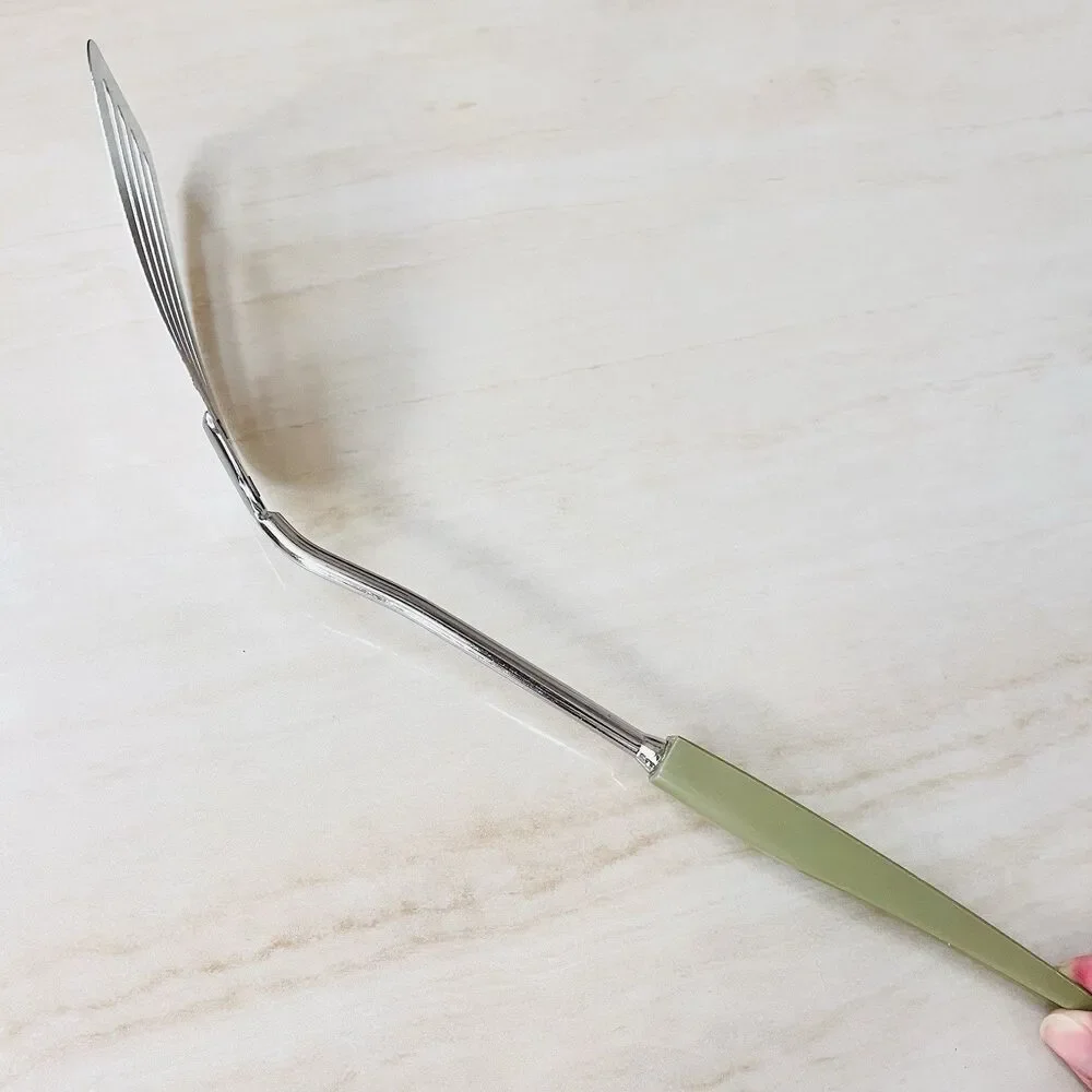 Vintage EKCO 13” Slotted Spatula Turner Angled Chromium Plated USA Green Handle